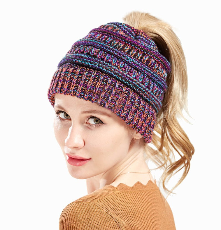 Mixed Color Knitted Wool Hat – Ladies Ponytail Beanie at New York Shop