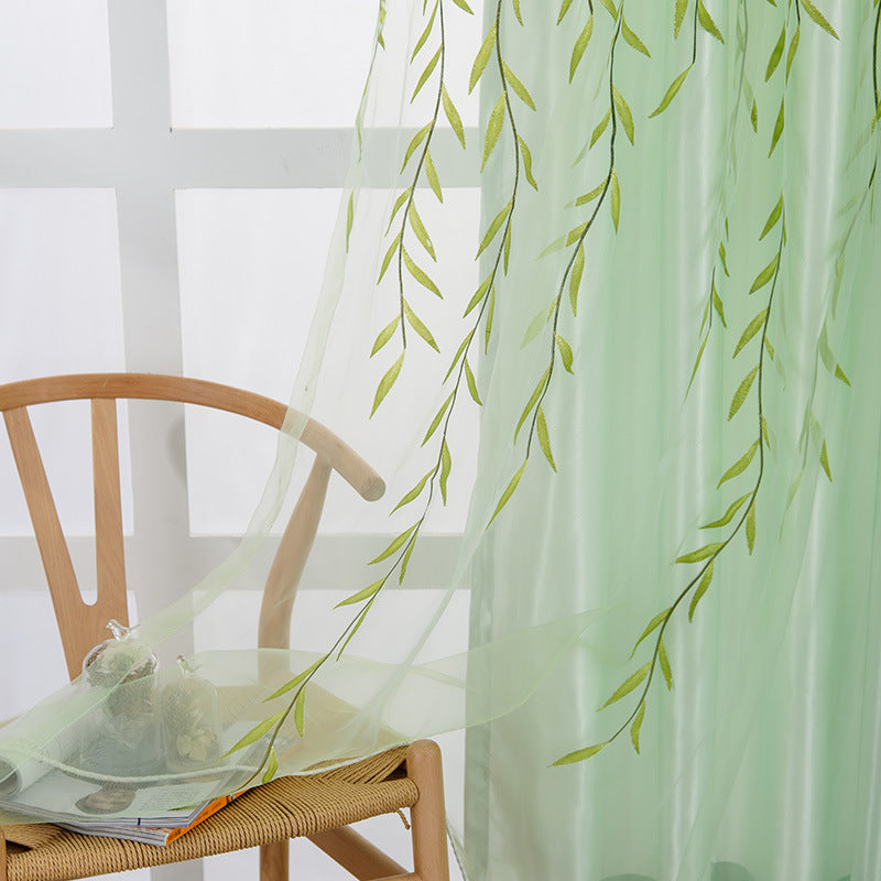 Exquisite transparent printed curtains with plant decorations, enhancing interior aesthetics and comfort.