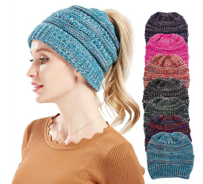 Mixed Color Knitted Wool Hat – Ladies Ponytail Beanie at New York Shop