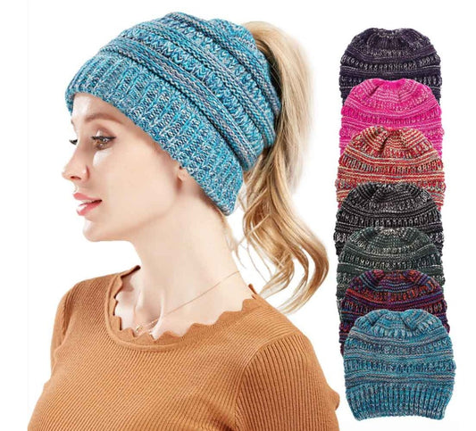 Mixed Color Knitted Wool Hat – Ladies Ponytail Beanie at New York Shop