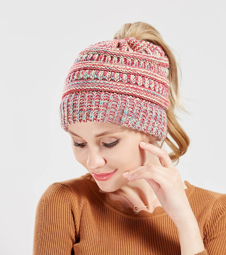 Mixed Color Knitted Wool Hat – Ladies Ponytail Beanie at New York Shop